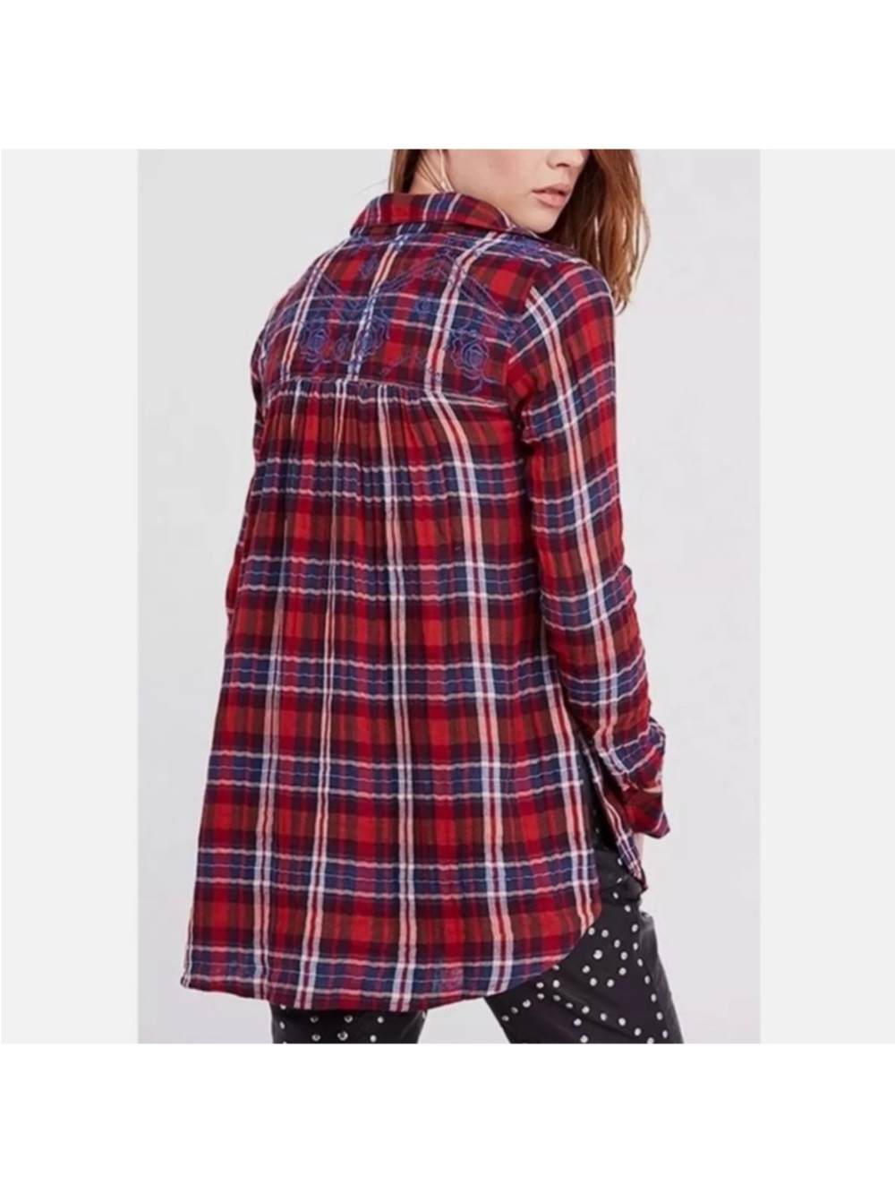 Free People Magical Ebroidered Button Down Red and Blue Plaid Shirt - Picture 12 of 13